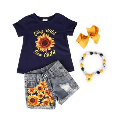 China Comfotable Summer Children's Sunflower Short Sleeved Jeans Shorts Set Cotton Kids Clothing for sale