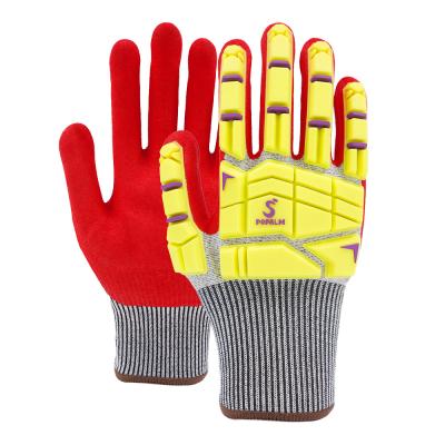 China 13 Gauge Red Sandy Nitrile Polyester TPR Gloves with Anti Slip Impact Protection for Industrial Applications for sale