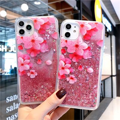 China Peach Dynamic Flower Cover Liquid Quicksand Glitter Phone Case For iPhone X XS 11 12 Mini Pro max XR 6 6S 7 8 plus 13 For iPhone for sale