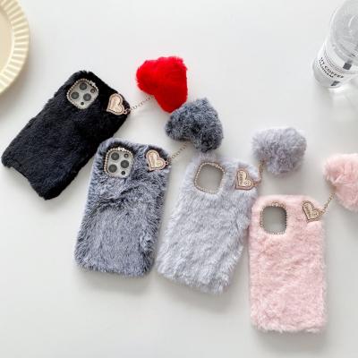 China Furry Rabbit Love Heart Shockproof Pendant Case For Samsung S21 Ultra Note 20 Hair Plush Phone Cover for sale