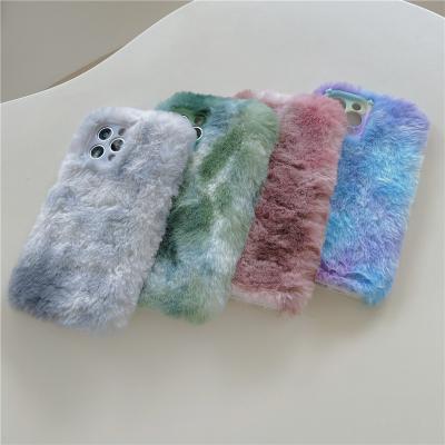 China Gradient Color Winter Gradient For iPhone 13 Design Rainbow Iridescence Fur Camera Colorful Cute Plush TPU Protective Soft Phone Case Cover for sale