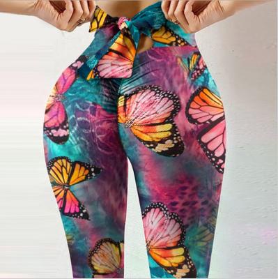 China The 2021 crack! crack! Breathable Fashionable Butt Gaiters Tie Dye Printing Bow-knot High Waist Yoga Lifting Pants for sale