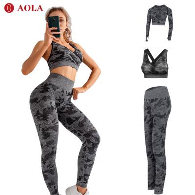 China 2020 Seamless Aola Gym Wear Antibacterial Workout Leggings For Women Yoga Camouflage 2 Piece Set for sale