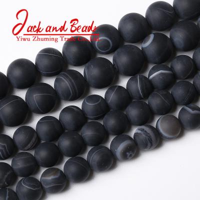 China DIY Jewelry Making Natural Matte Black Stripes Agates Stone Beads Natural Black Agates Loose Spacer Beads for sale