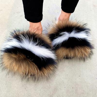 China Custom Plastic Women Eva Sanddals Factory Slides Slippers Stock Customization Shoes Woman Real Raccoon Home Hairy Fur Sweat-absorbent for purchase for sale