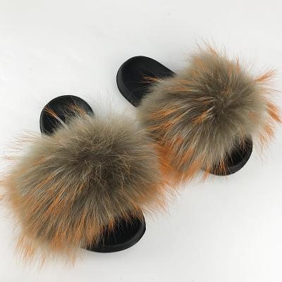 China New Design EVA Shoe Sole Faux Fur Slides Fox Fur Slippers Women Yeezy Sweat-absorbent Slides Multiple Colors With Fur for sale