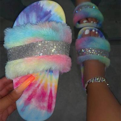 China CUSHIONING 2021 Wholesale Fashion Designer Flats Sandals For Women Thick Faux Fur Sole Faux Stone Slides Slippers / Fur Fluffy Slipper for sale