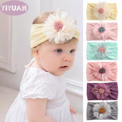 China Fashion YiYuan Baby Chiffon Flower Wide Headbands Jacquard Band Turbans Newborn Infant Floral Flower Hair Accessories for sale