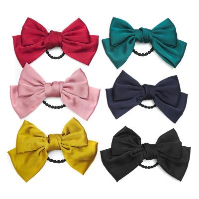 China Colorful Big Bow Satin Elastic Hair Ties Popular Rubber Hair Ties For Girls Factory Wholesale for sale