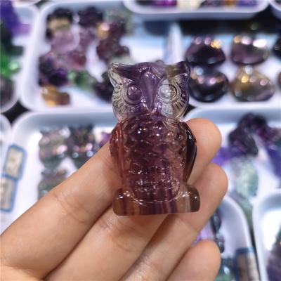 China Europe Cheap Price Healing Crystal Gemstone Rainbow Fluorite Carving Animal Owl for sale