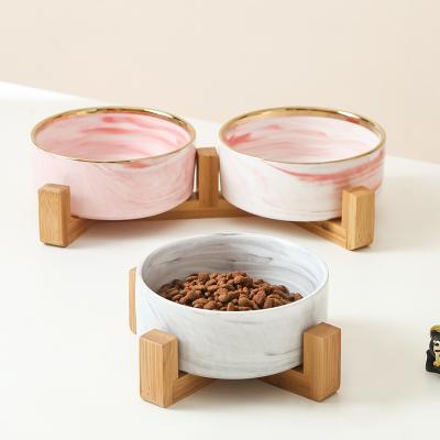 China Sustainable Hot Sale Pet Double Bowl With Bamboo Shelf Cat Dog Ceramic Double Bowl for sale