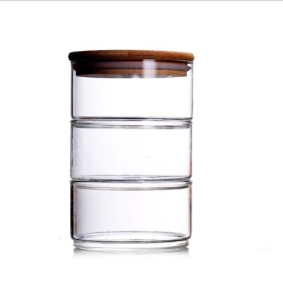 China Best Freshness Retention Quality Eco-friendly Borosilicate Stackable Glass Storage Jar High With Bamboo Lid Or Glass Lid for sale