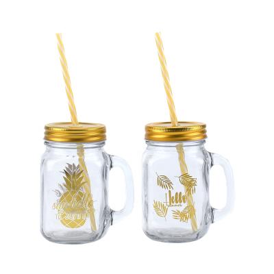 China New Design 450ml Viable Gold Pineapple Decal Round Storage Glass Jar Glass Mason Jar With Canister Lid And Straw for sale