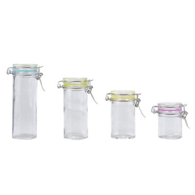 China Viable hot sale 100ml 90ml 60ml 40ml round small glass storage jar spice jar candy jar with glass clip lid for sale