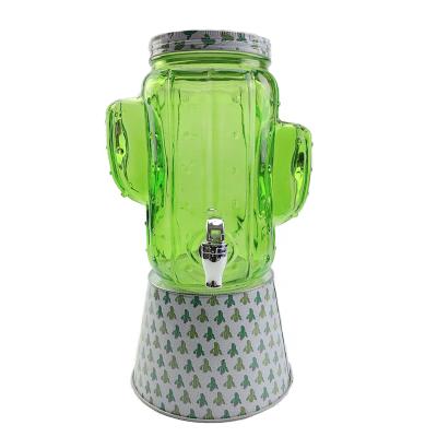 China New Design 3000ml Viable Round Shape Cactus Glass Beverage Juice Dispenser With Canister Lid for sale