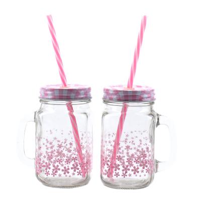 China 150ml Viable Sakura Pink Decal Handle Glass Mug With Lid And Tin Straw for sale