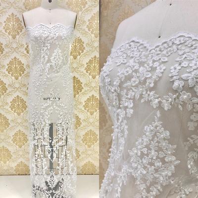 China Design elastic graceful flower embroidered lace with pearl bead and sequins for bridal wedding dresses ready for shipping STORES! for sale