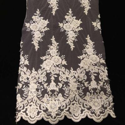 China Elastic ready to ship, CURRENT! ! ! Embroidery nylon lace fabric for bridal wedding lace dress with bead and rope and sequins for sale