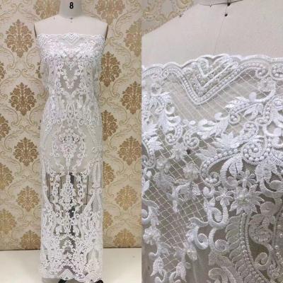 China Elastic ready to ship, CURRENT! ! ! New Collection Bridal Chantilly Lace Fabric With Pearl And Sequins Wholesale Customized for sale