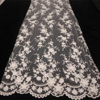 China Sustainable Product Type 100% Polyester Lace Beaded Endearing 3D Flowers Embroidered Bridal Net Lace Fabric for sale