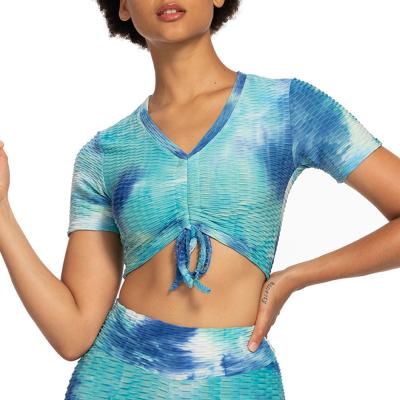 China Antibacterial Women Jacquard Tie Dye Bubble Tops Rope Exercise Women Pumping Tops for sale