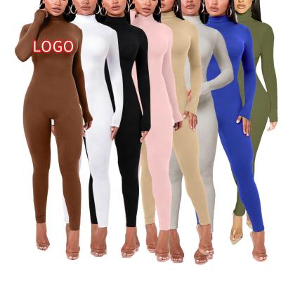 China 2022 New Arrival Anti-wrinkle Turtleneck Plain Black Brown Logo Elegant White Custom Women Rompers One Piece Long Sleeve Overalls for sale