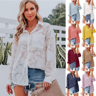 China Anti-Wrinkle Women's Chiffon Blouse Solid Color Sleeve Button Down Long Elegant Full Jacquard Shirts for sale