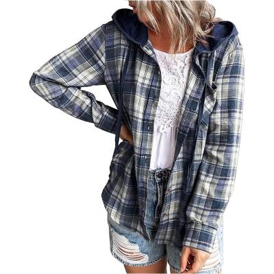 China Buffalo Plaid Hoodie Women's Anti-Wrinkle Jacket Button Drawstring Casual Long Sleeve Shirts With Pocket for sale