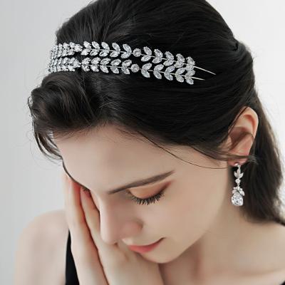 China CZ Copper Crystal Zircon Bride To Be Bridal Jewelry Wedding Headpiece Rows Of The Two Leaves Sparkle Headband for sale