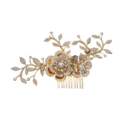 China Rhinestone Gold Metal Flower Bridal Sets With Rhinestone Chains Leaves Handmade Bridal Hair Clip Headpieces Hair Comb For Wedding for sale