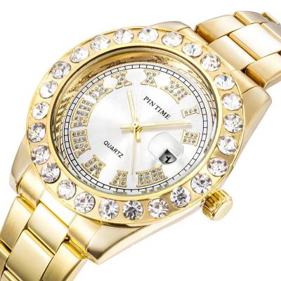 China Automatic Date Hip Hop Bling Luxury Gold Iced Out Luminous Day Date Waterproof Diamond Watches Men Quartz Watch for sale