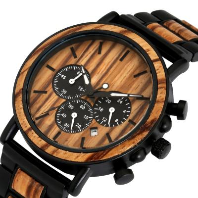 China Custom Logo Private Label Chronograph Wood Watch Men Automatic Date Luxury Waterproof Wood and Metal Watches for sale