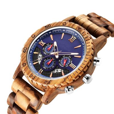 China Auto Date Custom Personalized Luxury Chronograph Blue Wooden Dial Manufacturer OEM Watch Wood Watch For Men for sale