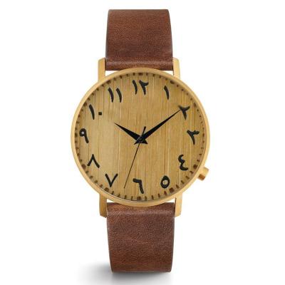 China New Arrival Leather Strap Arabic Numeral Non-Specific Slim Minimalist Watch With Real Bamboo Wooden Watch Face for sale