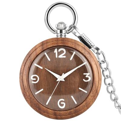 China Low MOQ Vintage Antique Simple Current Handmade Silver Walnut Quartz Wood Pocket Watch for sale