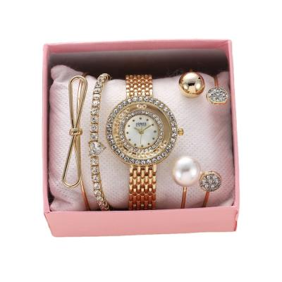 China Auto Date 5 Pieces Fashion Bling Diamond Gold Women Watch Set Lady's Watch And Bracelet Casual Fancy Gift Set for sale