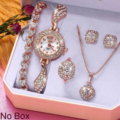 China Luxury Bling Auto Date Iced Out Diamond Quartz Women Watch Set Rose Gold Jewelry Gift Lady for sale