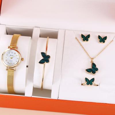 China Automatic date fashion gold quartz women luxury gift watch set simple butterfly ladies wristwatch box bracelet set for sale