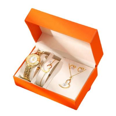 China Auto Date 4 PCS Luxury Jewelry Gift Set Gold Ladies Watch Sets Necklace Earring Bracelet Watch Set Women for sale