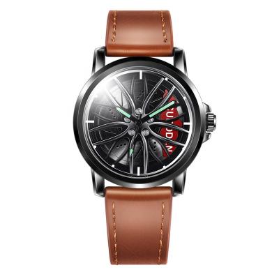 China Unique Cool Sport Car Wheel 3D Rim Watch Skeleton Quartz Mens Auto Leather Strap Date Watch for sale