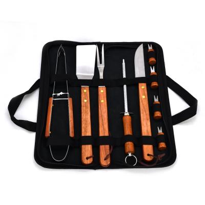 China Easily Cleaned Wooden Handle BBQ Grill Tool Kit High Quality Stainless Steel BBQ Tools GRILL Tool Kit in Bag for sale