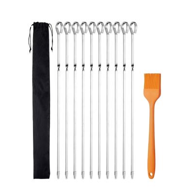 China Hot Selling Easily Cleaned Kebab Skewers Long Stainless Steel BBQ Grill Skewer Set and Flat Metal Kebab Sticks Wide Reusable Grilling Skewers for sale