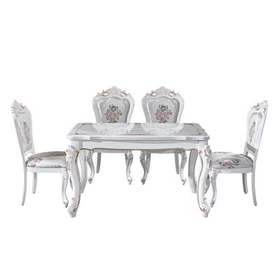 China Rectangle Dining Room Furniture White Marble Table Countertops Solid Wood Wood Carved Dining Table Set for sale