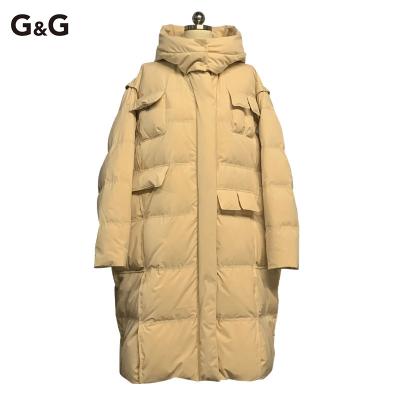 China 90 Windproof White Duck Down 2022 New Solid Color Female 100% Polyester Long Coat for sale