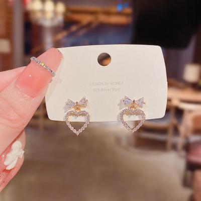 China FASHIONABLE Romantic Zircon Stud Bow Heart Genuine Luxury Jewelry 925 Sterling Silver Ladies Girls Light Earrings for sale