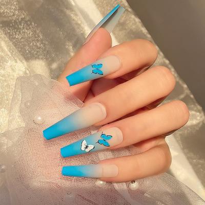 China Custom High Quality New Fashion Private Label Blue Butterfly Press On Nails Artificial Nails False Nails Sequin Nails for sale