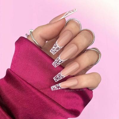 China Reusable Private Label Heart Shaped Acrylic High Quality White Line Ballet Nails Fake Tips Wholesale Fashion Custom Press On Nails for sale