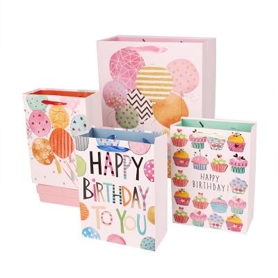 China Happy Birthday Paper Bags 17*23*8CM Recyclable White Balloons Gifts Paper Bags Set With Pink Ribbon Handle for sale