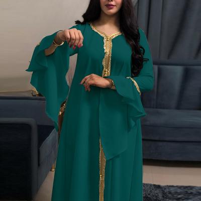 China Muslim Abaya Dresses Lotus Leaf Sleeve Embroidered Gold Lace Robe Islamic Muslim Women Muslim Clothing Viable Elegant Cardigan for sale