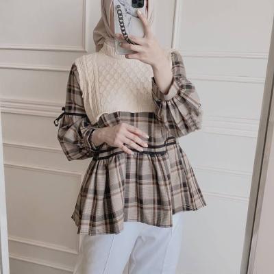 China New Plaid Sustainable Cotton Blend Long Sleeve Sweater Blouse Tops Quilting Muslim Blouse For Muslim Women for sale